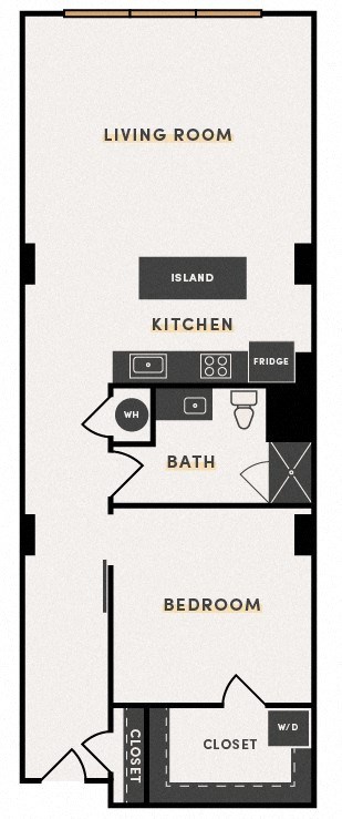 Floor plan for 1 bed, 1 bath, 983 sqft